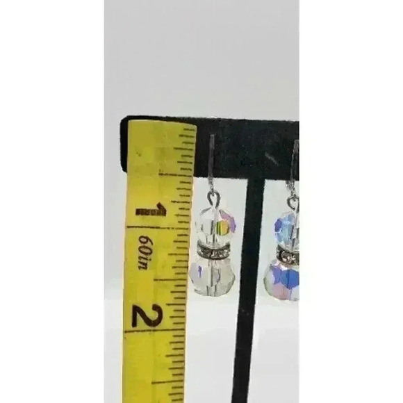 Vtg Earrings Clip Long Dangle Crystal Faceted AB Prism Balls Rhinestone Accent - Picture 7 of 8